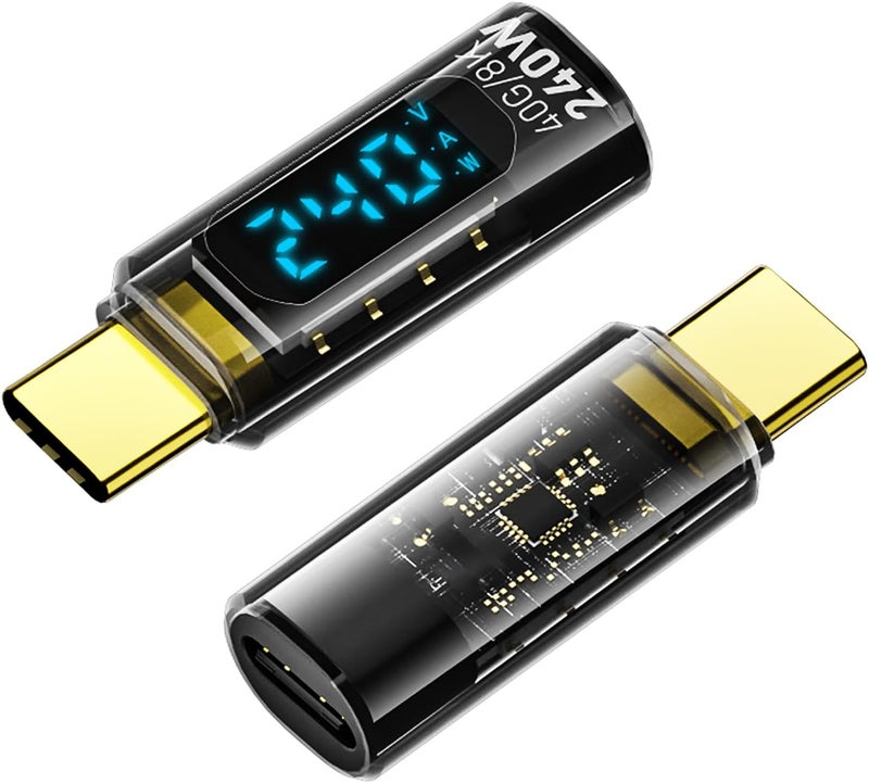 Jadebones 2 Pack USB C Adapter with Digital Display, PD 240W USB-C Male to Female Connector for iPhone 15 Series, iPad, MacBook, Support Voltage, Current and Power Smart LED Display (Transparent) - Image 1
